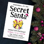 Invitation Whimsical Secret Père Noël coloré cadeau aquarelle<br><div class="desc">Cette invitation à Père Noël Secret simple mais mignonne présente un cadeau d'aquarelle avec des rayures jaunes et magenta, surmonté d'un grand arc jaune, dressé contre un arrière - plan blanc propre. Un script ludique et minimaliste portant un chapeau magenta fantaisiste fantaisiste ajoute une touche festive. Le texte est entièrement...</div>