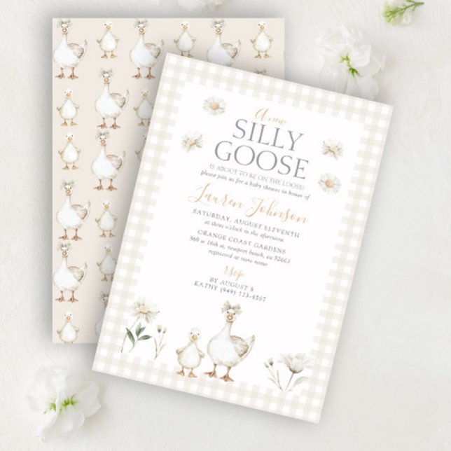 Invitation Whimsical Silly Goose Beige En vichy Baby shower (Créateur téléchargé)