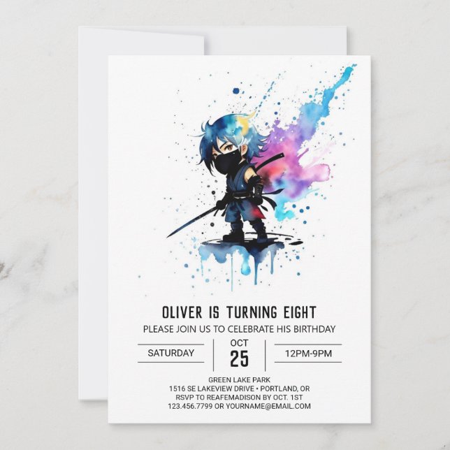 Invitation Whimsical Simple Ninja Boy Digital Anniversaire (Devant)