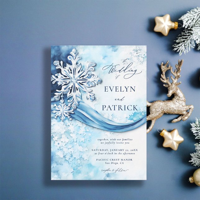 Invitation Whimsical Snowflakes Moderne Élégant Mariage d'hiv (winter wedding invitation elegant white frozen snow blue white silver modern classic christmas)