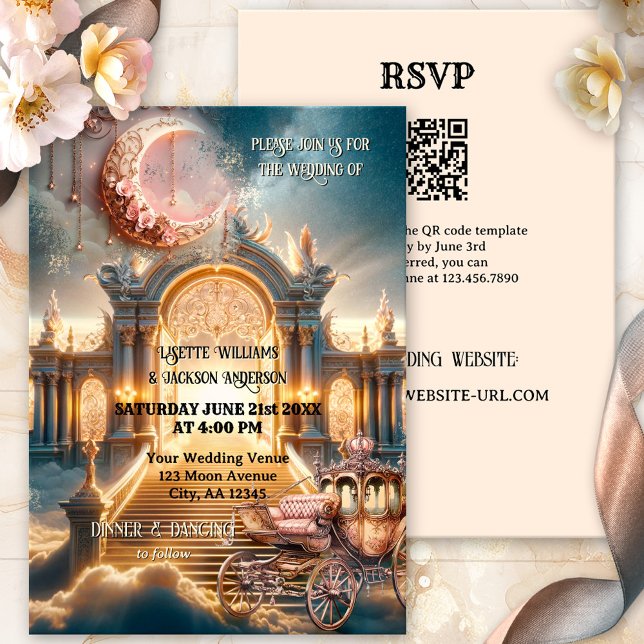 Invitation Whimsical Steampunk Fairy Tale All in One Mariage (Victorian steampunk whimsical all in one wedding invitation with fairy tale moon and carriage)