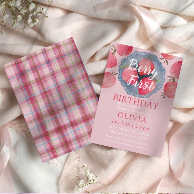 Invitation Whimsical Strawberry Pink 1st Birthday Watercolor  (Créateur téléchargé)