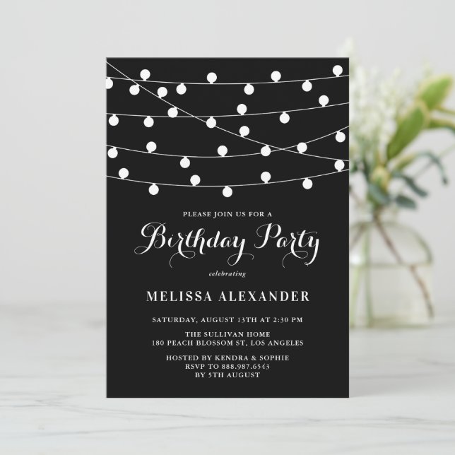 Invitation Whimsical String Lights Black Birday Party (Debout devant)