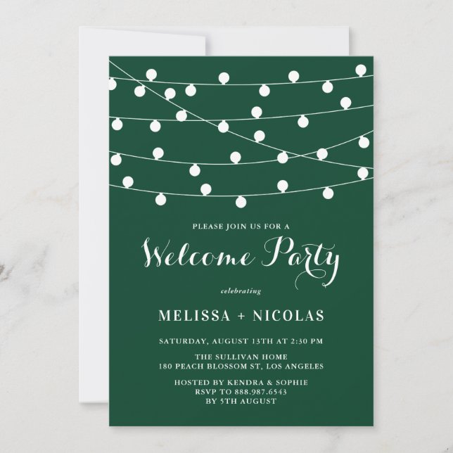 Invitation Whimsical String Lights Emerald Welcome Party (Devant)