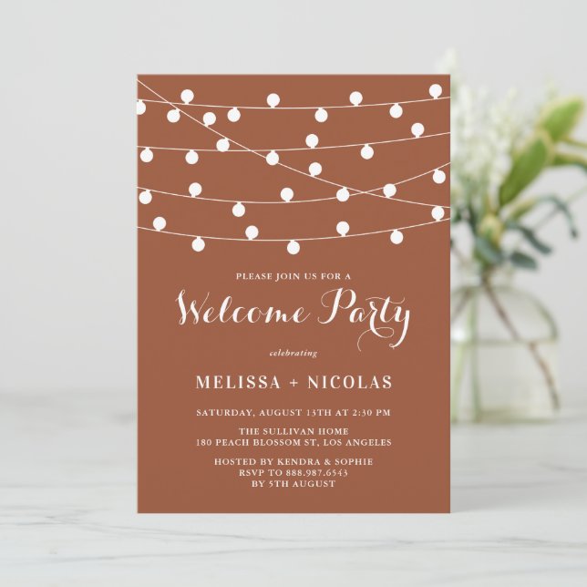 Invitation Whimsical String Lights Terracotta Welcome Party (Debout devant)