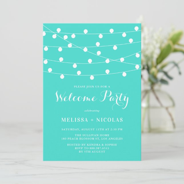 Invitation Whimsical String Lights Turquoise Welcome Party (Debout devant)