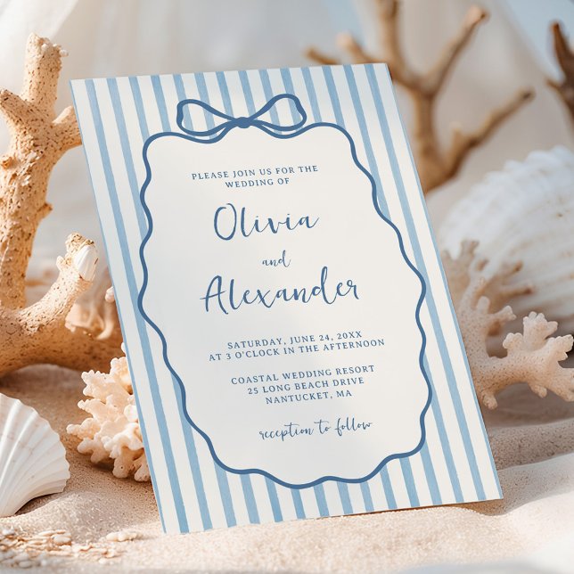Invitation Whimsical Stripe Bow Dusty Blue Ivory Wedding (Créateur téléchargé)
