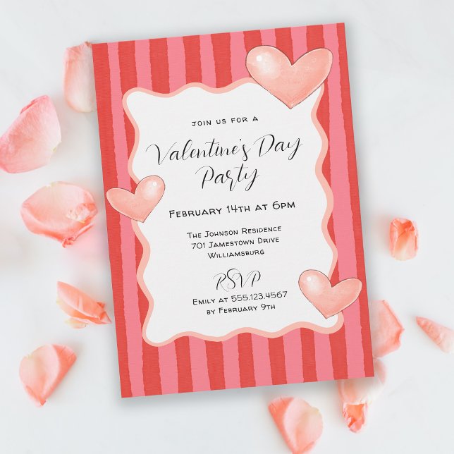Invitation Whimsical Stripes and Hearts Valentines Day Party (Available in both printed and instant download formats.)