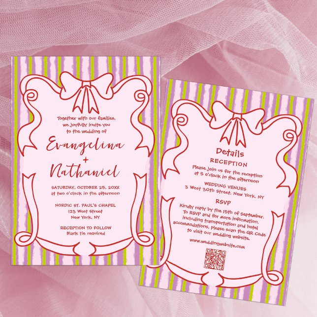Invitation Whimsical Stripes Wavy Frame Bow Wedding (Créateur téléchargé)