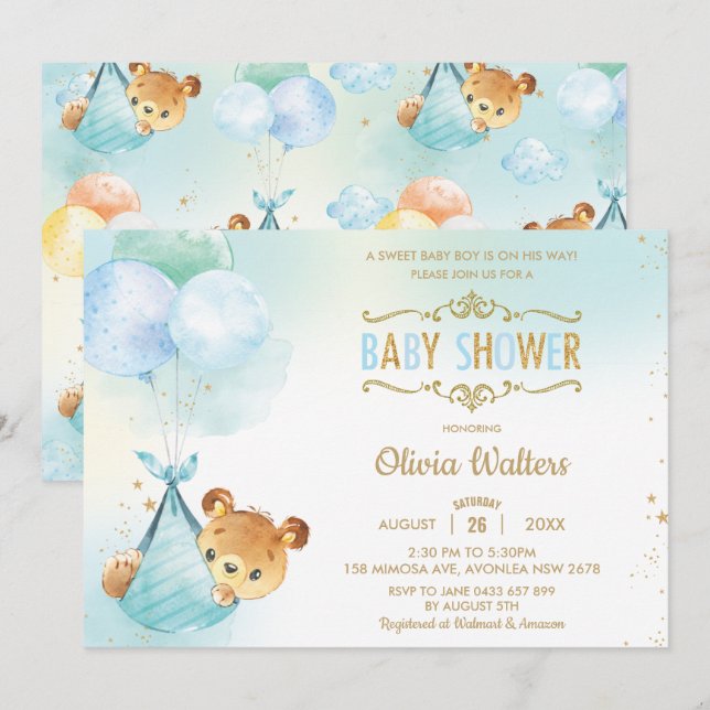 Invitation Whimsical Teddy Bear Balloons Baby shower garçon (Devant / Derrière)