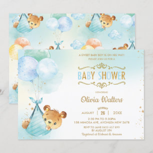 Invitation Whimsical Teddy Bear Balloons Baby shower garçon