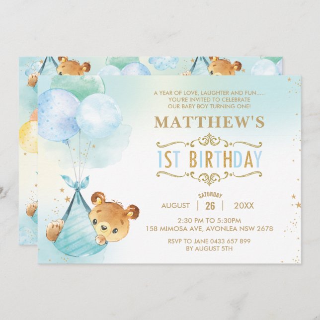 Invitation Whimsical Teddy Bear Balons 1er fête d'anniversair (Devant / Derrière)