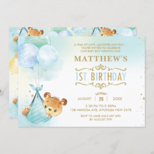 Invitation Whimsical Teddy Bear Balons 1er fête d'anniversair