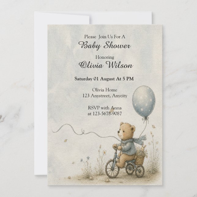 Invitation Whimsical Teddy Bear Bicycle Ride (Devant)