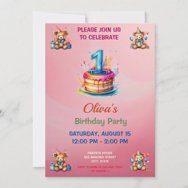 Invitation Whimsical Teddy Bear First Birthday (Devant)