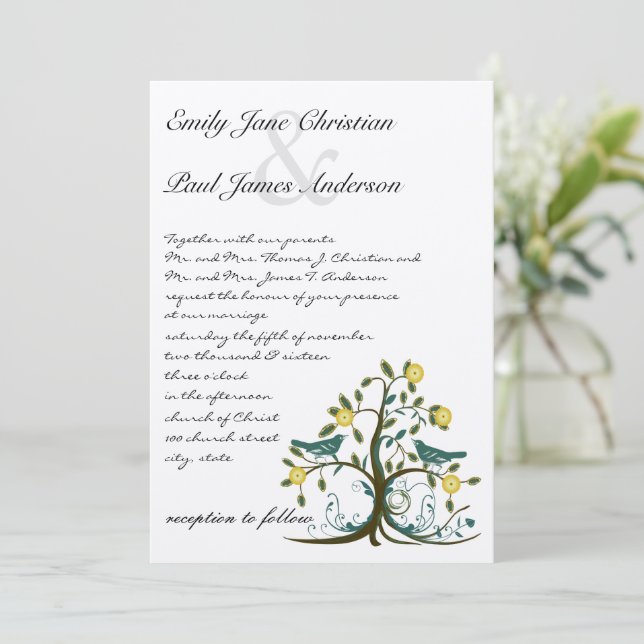 Invitation Whimsical Turquoise & Jaune Bird Tree Wedding Invi (Debout devant)