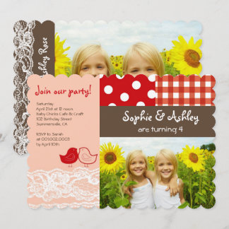 Invitation Whimsical Twin Birds dentelle Anniversaire Invitat