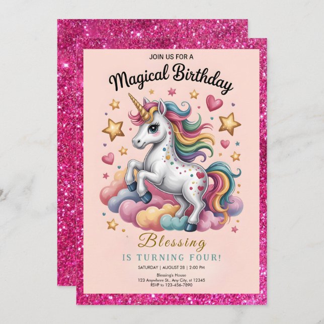 Invitation Whimsical Unicorn 4th Birthday (Devant / Derrière)