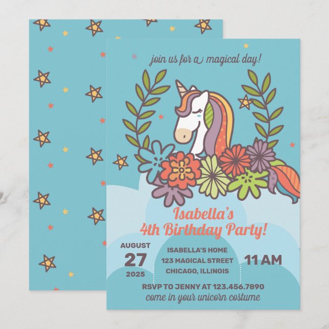 Invitation Whimsical Unicorn fête d'anniversaire (Devant / Derrière)