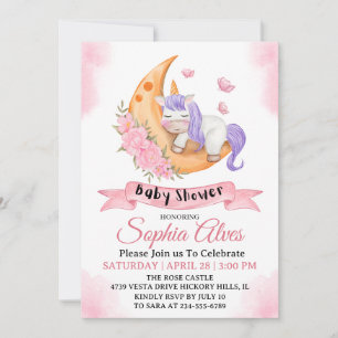 Invitation Whimsical Unicorn Lune Baby shower Pour Bébé Fille