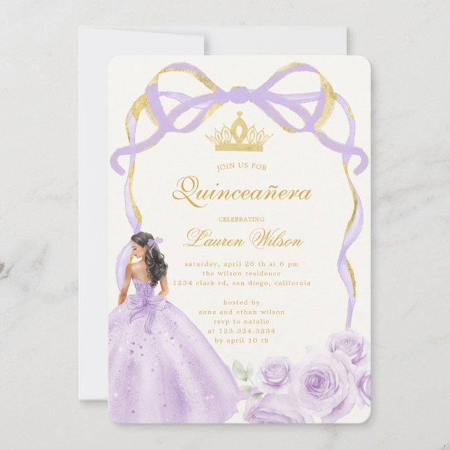 Invitation Whimsical violet or Bow Floral Quinceañera (Devant)