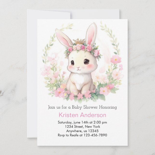 Invitation Whimsical Watercolor Bunny Girl Baby shower (Devant)