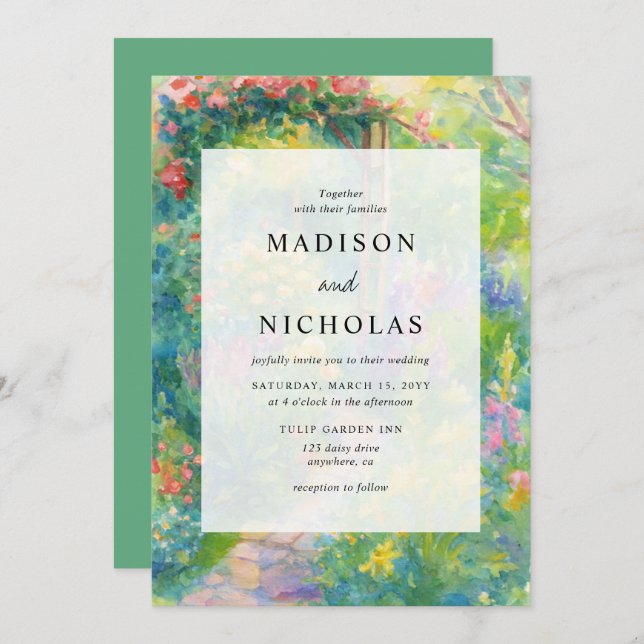 Invitation Whimsical Watercolor Garden Themed Wedding (Devant / Derrière)