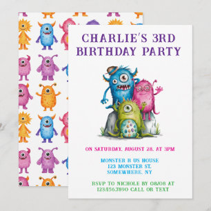 Invitation Whimsical Watercolor Monsters Fête d'anniversaire 