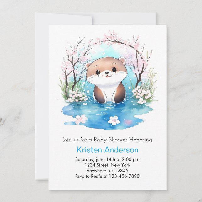 Invitation Whimsical Watercolor Otter Blue Boy Baby shower (Devant)