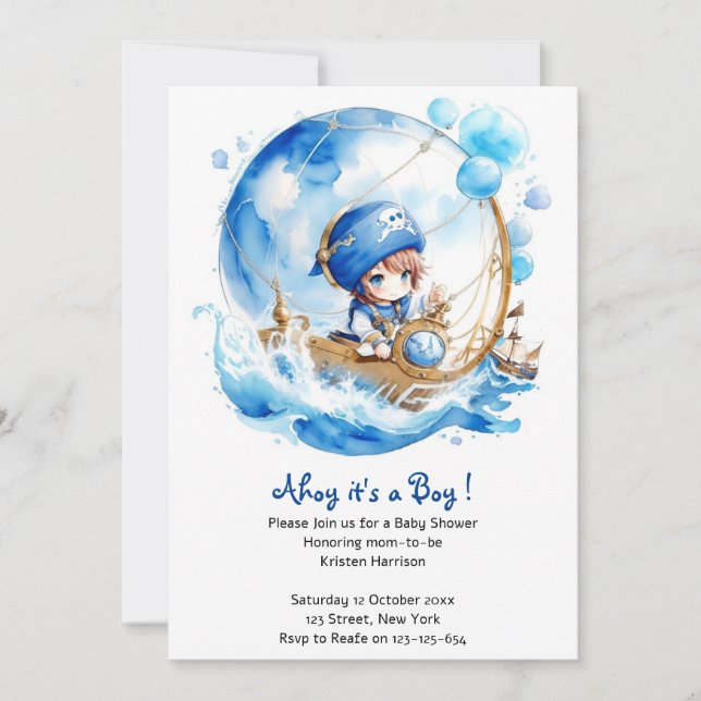 Invitation Whimsical Waves Nautical Boy Baby shower (Devant)