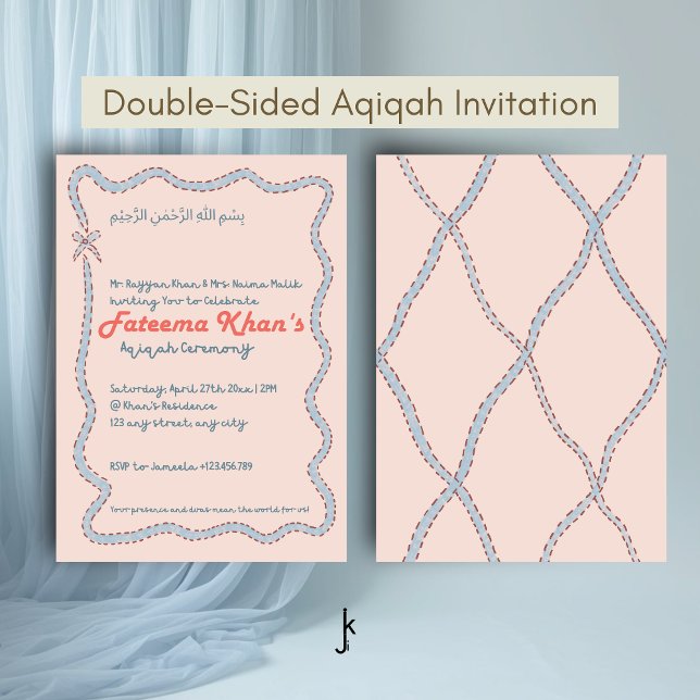 Invitation Whimsical wavy of Blush Pink and Soft Blue Aqiqah (Créateur téléchargé)