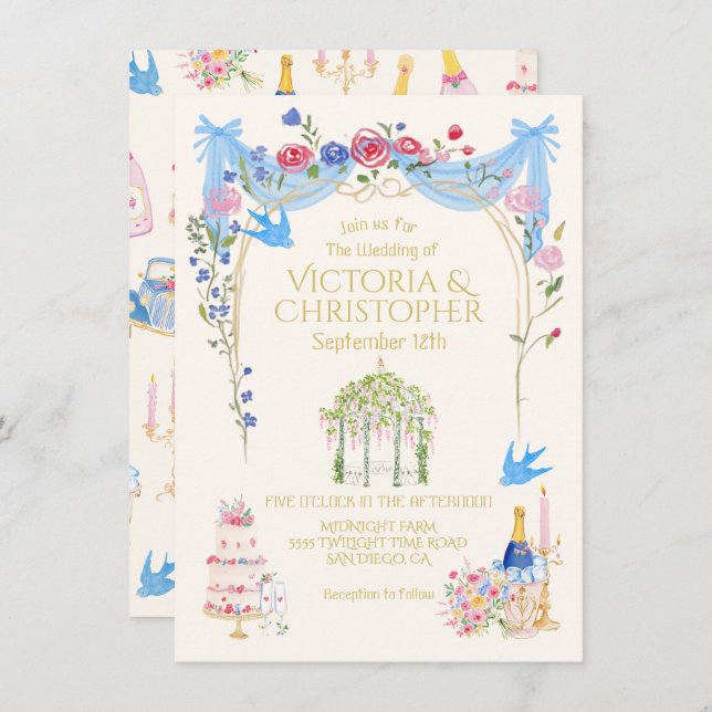 Invitation Whimsical Wedding French Floral Gazebo (Devant / Derrière)