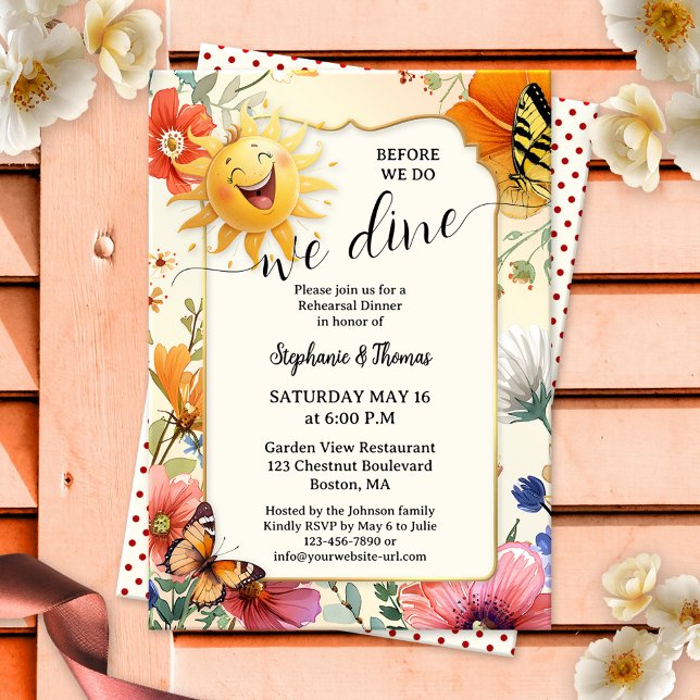 Invitation Whimsical Wildflower Watercolor Rehearsal Dinner (Rehearsal dinner invitation featuring a watercolor wildflower design with a laughing happy sun)