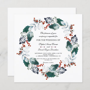 Invitation Whimsical Winter Holy Berries Wreath Mariage