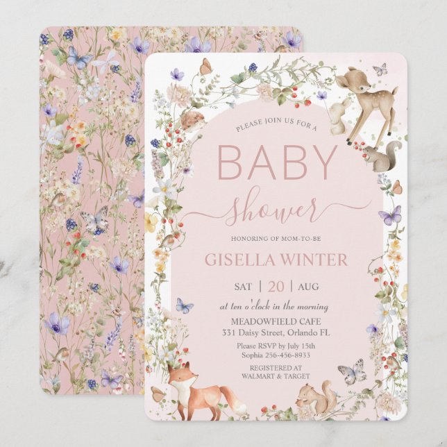 Invitation Whimsical Woodland Animals Wildflower Baby Shower  (Devant / Derrière)