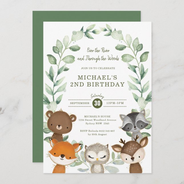 Invitation Whimsical Woodland Forest Friend Green Anniversair (Devant / Derrière)