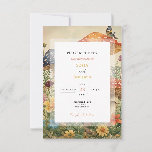 Invitation Whimsical Woodland Mushrooms & Wildflowers Wedding (Devant)
