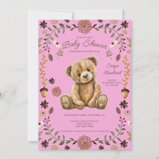 Invitation Whimsical Woodland Teddy Bear Pink Baby Shower (Devant)