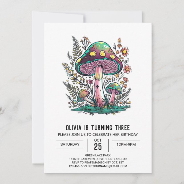 Invitation Whimsical Woods Digital Mushroom Anniversaire (Devant)