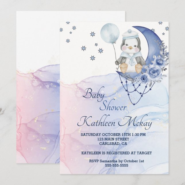 Invitation Whimsland Wonderland Blue Penguin garçon Baby show (Devant / Derrière)