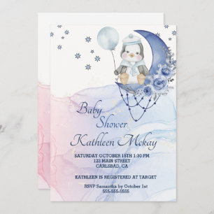 Invitation Whimsland Wonderland Blue Penguin garçon Baby show