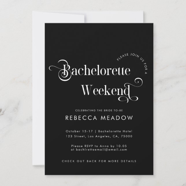 Invitation Whimssar Retro Script Black Bachelorette Party (Devant)