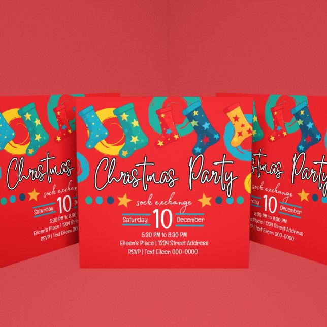 Invitation Whimssical Christmas Sock Exchange Party en rouge (Festive Red Christmas Sock Exchange Holiday party invite with blue, green, yellow and customizable. )