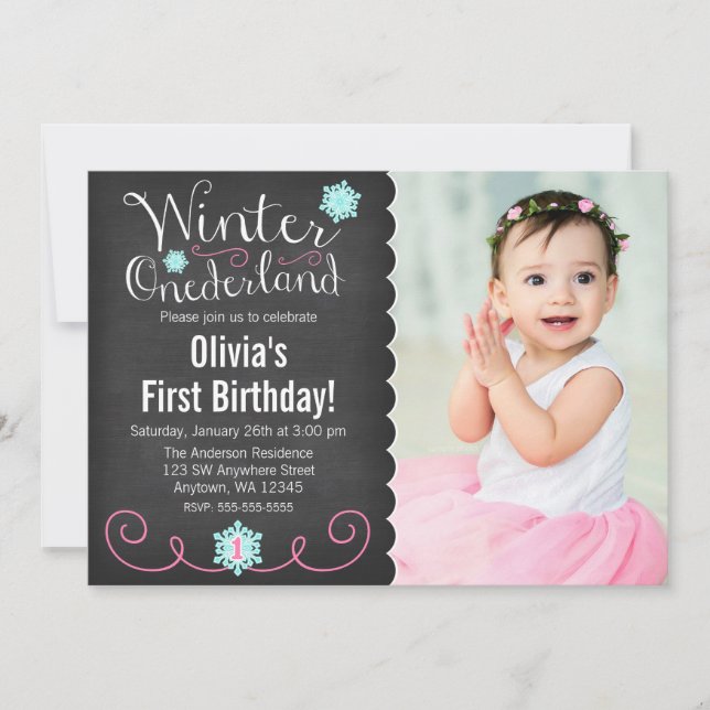 Invitation Whimsski Winter Onederland Photo Anniversaire Turq (Devant)