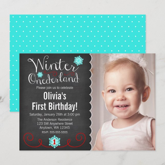 Invitation Whimsski Winter Onederland Photo Red Anniversaire (Devant / Derrière)
