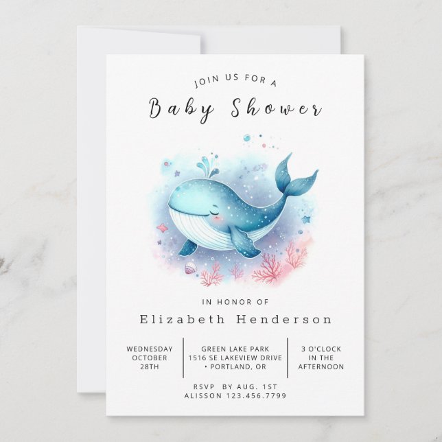 Invitation Whimsy Custom Whale Baby shower (Devant)