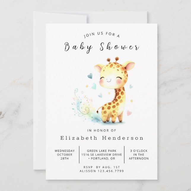 Invitation Whimsy Editable Giraffe Baby shower (Devant)