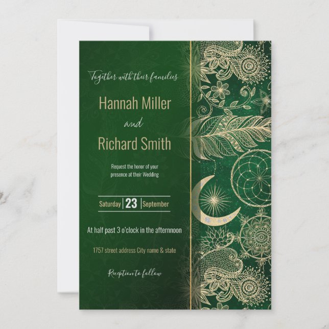 Invitation Whimsy Gold & Green Dreamcatcher Feathers Mandala (Devant)