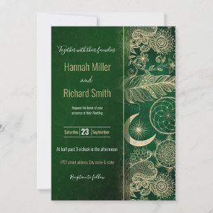 Invitation Whimsy Gold & Green Dreamcatcher Feathers Mandala