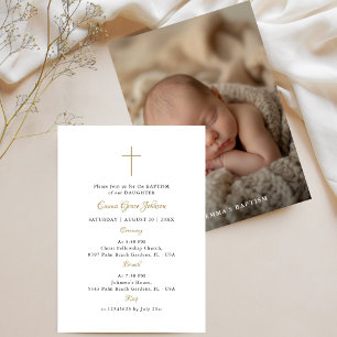 Invitation Whimsy Script Black & Gold Photo Baptême catholiqu